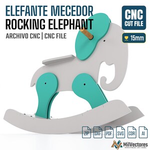 May include: A digital design for a rocking elephant featuring gray and teal components with a wooden handle. The text reads ELEFANTE MECEDOR ROCKING ELEPHANT, CNC CUT FILE, 15mm, and includes icons for ZIP, DXF, PDF, SVG, CDR, and AI file formats.