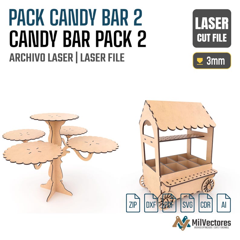 May include: A digital laser cut file set for a wooden tree-shaped display stand with four scalloped circular tiers and a wheeled cart structure with a roof and internal compartments, designed for 3mm material thickness, including ZIP, DXF, PDF, SVG, CDR, and AI formats.