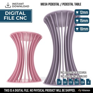 May include: A digital CNC file for a pedestal table featuring a pink and a purple hourglass-shaped stand. The image includes text labels for 12mm, 15mm, and 18mm material thicknesses, along with file format icons for ZIP, DXF, PDF, SVG, CDR, and AI.