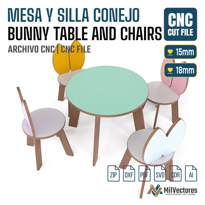 May include: A digital CNC cut file for a round mint green table and four chairs with bunny ear backrests in yellow, pink, and white. The image includes text labels for 15mm and 18mm material thickness and file formats like ZIP, DXF, PDF, SVG, CDR, and AI.