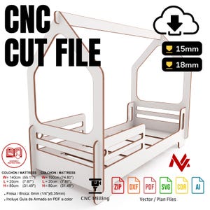 CNC-Schneidedateien, Sperrholzbett, Kinderbett, Montessori-Bettplan, Digitale Bettdateien DXF