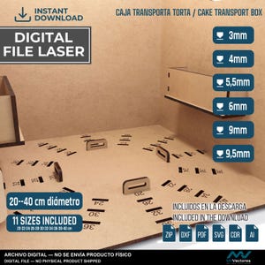 May include: A digital laser file for a cake transport box, featuring a light brown wooden base with slots and printed diameter measurements ranging from 20 to 40 cm. The image includes text labels for 11 sizes, file formats, and material thicknesses.