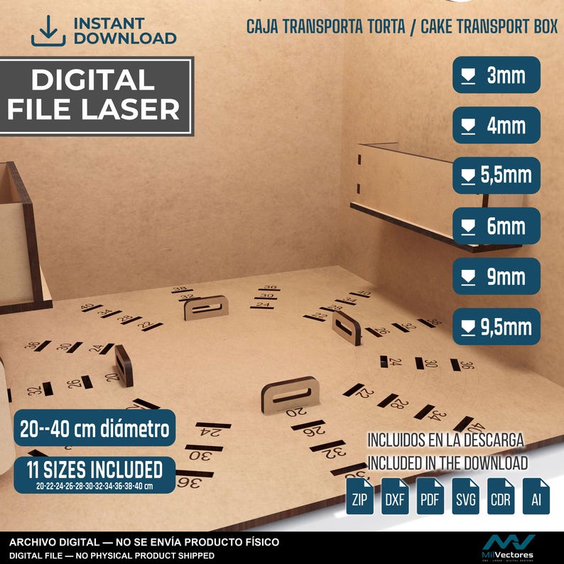 May include: A digital laser file for a cake transport box, featuring a light brown wooden base with slots and printed diameter measurements ranging from 20 to 40 cm. The image includes text labels for 11 sizes, file formats, and material thicknesses.