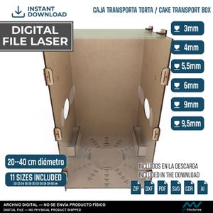 May include: A digital laser-cut file for a cake transport box, featuring a light brown wooden structure with interlocking side panels, circular side cutouts, and a base with markings for diameters ranging from 20 to 40 cm in 11 sizes.
