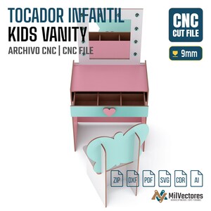 May include: A pink and light blue vanity set with a mirror, a drawer featuring a heart-shaped handle, and a butterfly-shaped chair. The text reads TOCADOR INFANTIL KIDS VANITY, ARCHIVO CNC, CNC FILE, and 9mm. Includes ZIP, DXF, PDF, SVG, CDR, and AI files.