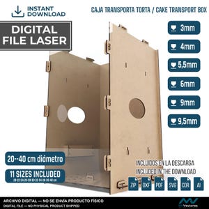 May include: A digital laser file for a cake transport box, featuring light brown panels with interlocking tabs and circular cutouts. The image displays text including CAJA TRANSPORTA TORTA, CAKE TRANSPORT BOX, and a list of 11 sizes from 20 to 40 inches.