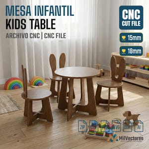 Zestaw stolika i krzesełek dla dzieci z oparciem w kształcie królika / Stół i krzesełko Montessori dla dzieci / Pliki cyfrowe w formatach dxf, svg do zabawy, czytania lub sztuki