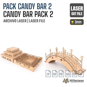 May include: A laser cut file set featuring a wooden candy bar display with tiered square trays and a decorative arched bridge. The text reads PACK CANDY BAR 2, CANDY BAR PACK 2, ARCHIVO LASER, LASER FILE, and 3mm. Includes ZIP, DXF, PDF, SVG, CDR, and AI icons.
