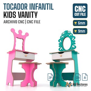 May include: A digital CNC cut file for a kids vanity set, featuring two designs: one pink with a crown-shaped mirror and one teal with an ornate oval mirror. Both include a drawer and matching stool. Text includes CNC CUT FILE, 6mm, 9mm.