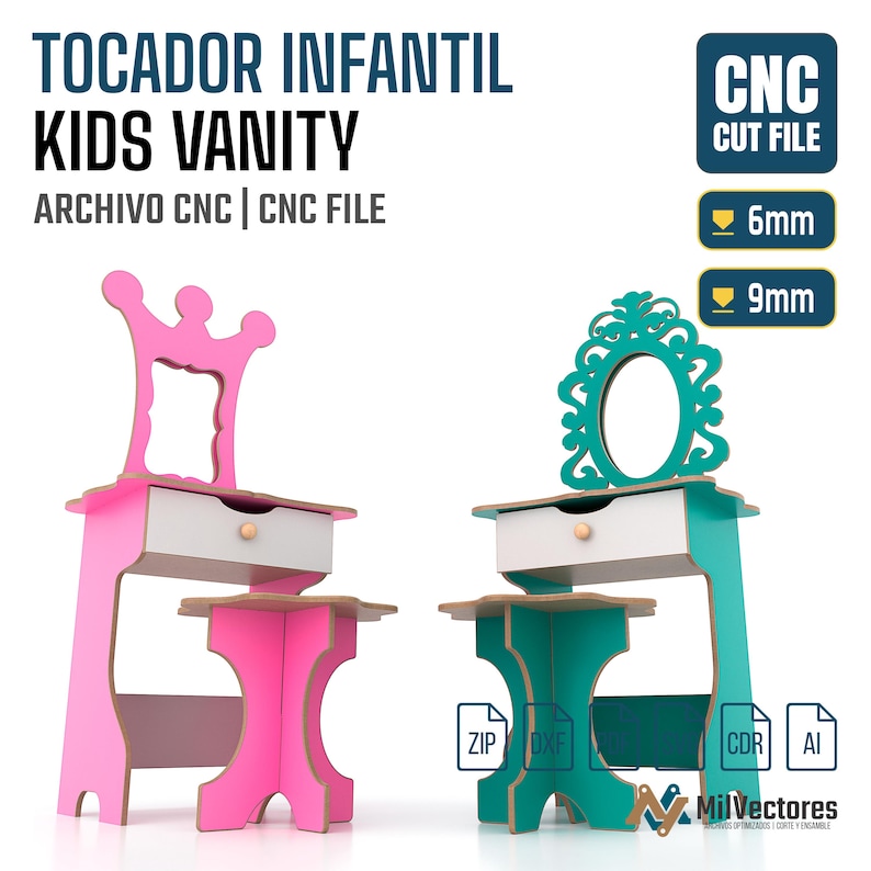 May include: A digital CNC cut file for a kids vanity set, featuring two designs: one pink with a crown-shaped mirror and one teal with an ornate oval mirror. Both include a drawer and matching stool. Text includes CNC CUT FILE, 6mm, 9mm.