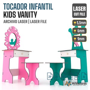 May include: A digital laser cut file for a kids vanity set, featuring a pink vanity with an oval mirror and a matching stool, alongside a teal version. The file includes options for 5.5mm, 6mm, and 9mm material thicknesses, with ZIP, DXF, PDF, SVG, CDR, and AI formats.