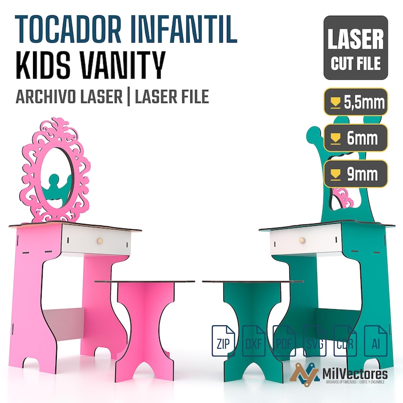 May include: A digital laser cut file for a kids vanity set, featuring a pink vanity with an oval mirror and a matching stool, alongside a teal version. The file includes options for 5.5mm, 6mm, and 9mm material thicknesses, with ZIP, DXF, PDF, SVG, CDR, and AI formats.