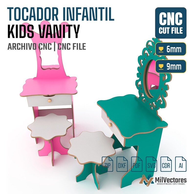 May include: Two kids vanity sets with stools, one pink and white, one teal and white. Text includes TOCADOR INFANTIL, KIDS VANITY, CNC CUT FILE, 6mm, 9mm, and file formats ZIP, DXF, PDF, SVG, CDR, AI. The designs feature ornate mirror frames.