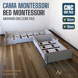 K&ouml;nnte beinhalten: Eine digitale CNC-Schnittdatei f&uuml;r ein Montessori-Bett, bestehend aus zwei hellen Holz-Bettrahmen mit Lattenrosten. Der Text umfasst CAMA MONTESSORI BED MONTESSORI, CNC CUT FILE, 16mm, 18mm, 2 MATTRESS SIZES sowie verschiedene Dateiformat-Symbole.