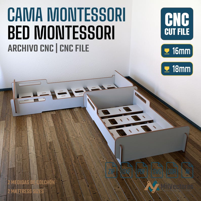 K&ouml;nnte beinhalten: Eine digitale CNC-Schnittdatei f&uuml;r ein Montessori-Bett, bestehend aus zwei hellen Holz-Bettrahmen mit Lattenrosten. Der Text umfasst CAMA MONTESSORI BED MONTESSORI, CNC CUT FILE, 16mm, 18mm, 2 MATTRESS SIZES sowie verschiedene Dateiformat-Symbole.