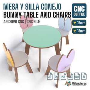 May include: A round mint green table with three chairs featuring bunny ear backrests in pink, blue, and yellow. The text reads MESA Y SILLA CONEJO BUNNY TABLE AND CHAIRS CNC CUT FILE. Includes 15mm and 18mm thickness labels and file format icons.