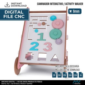 May include: A digital CNC file for an interactive activity walker featuring a white board with a maze, colorful gears, numbers 1, 2, and 3, and geometric shapes. The design includes a 9mm material thickness specification and file format icons.