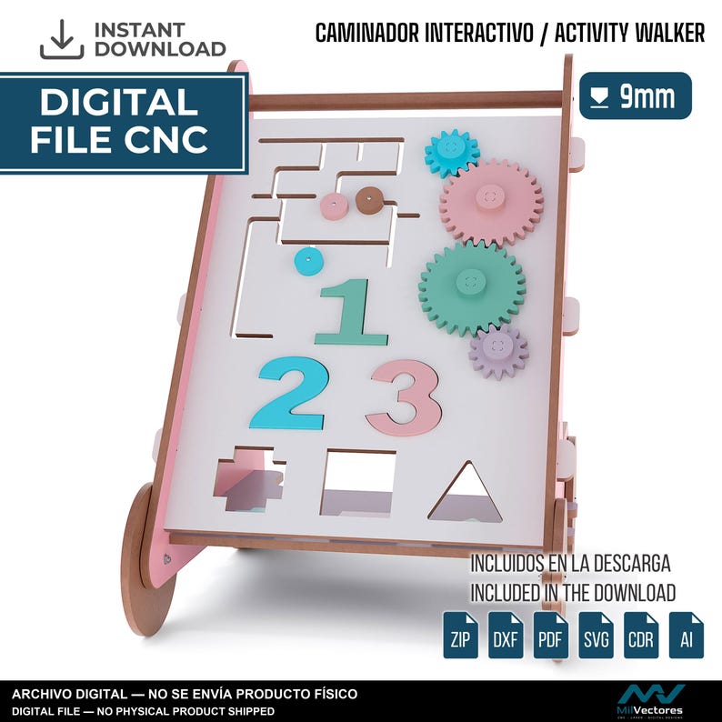 May include: A digital CNC file for an interactive activity walker featuring a white board with a maze, colorful gears, numbers 1, 2, and 3, and geometric shapes. The design includes a 9mm material thickness specification and file format icons.