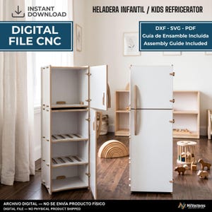 May include: A digital file for a CNC machine to create a white wooden kids refrigerator. The design includes two doors, internal shelves, and handles. Text on the image reads: HELADERA INFANTIL / KIDS REFRIGERATOR, DXF - SVG - PDF, Gu&iacute;a de Ensamble Inclu&iacute;da.