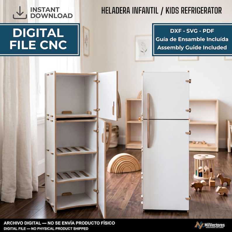 May include: A digital file for a CNC machine to create a white wooden kids refrigerator. The design includes two doors, internal shelves, and handles. Text on the image reads: HELADERA INFANTIL / KIDS REFRIGERATOR, DXF - SVG - PDF, Gu&iacute;a de Ensamble Inclu&iacute;da.