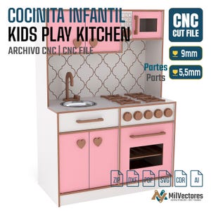 May include: A pink and white play kitchen featuring a sink, stove, oven, and microwave. The design includes heart-shaped knobs, a patterned backsplash, and text reading COCINITA INFANTIL KIDS PLAY KITCHEN. It specifies 9mm and 5.5mm material thickness.
