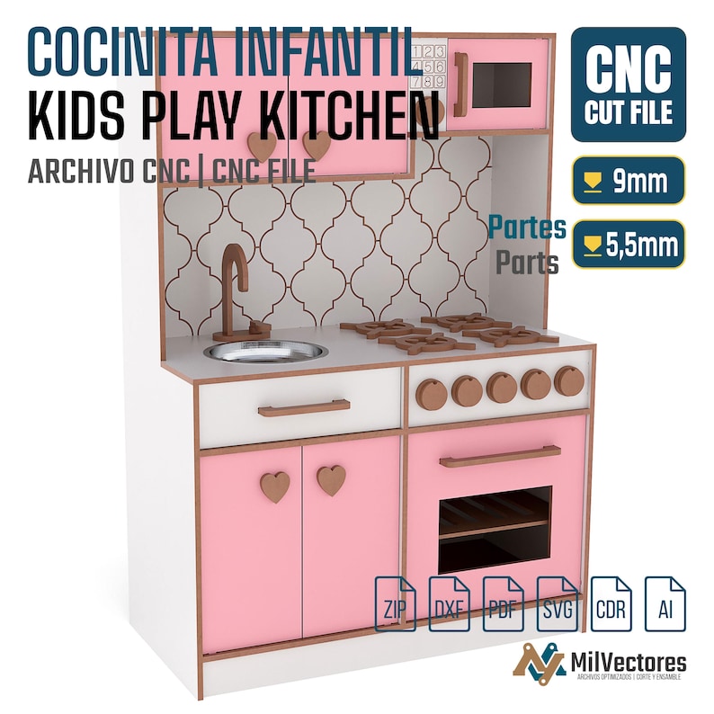 May include: A pink and white play kitchen featuring a sink, stove, oven, and microwave. The design includes heart-shaped knobs, a patterned backsplash, and text reading COCINITA INFANTIL KIDS PLAY KITCHEN. It specifies 9mm and 5.5mm material thickness.