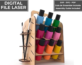 Organizador de Pinturas Corte Laser | Acrylic Paint Bottle Holder SVG | Porta Pinceles MDF DXF | Paint Station Storage Laser Cut File