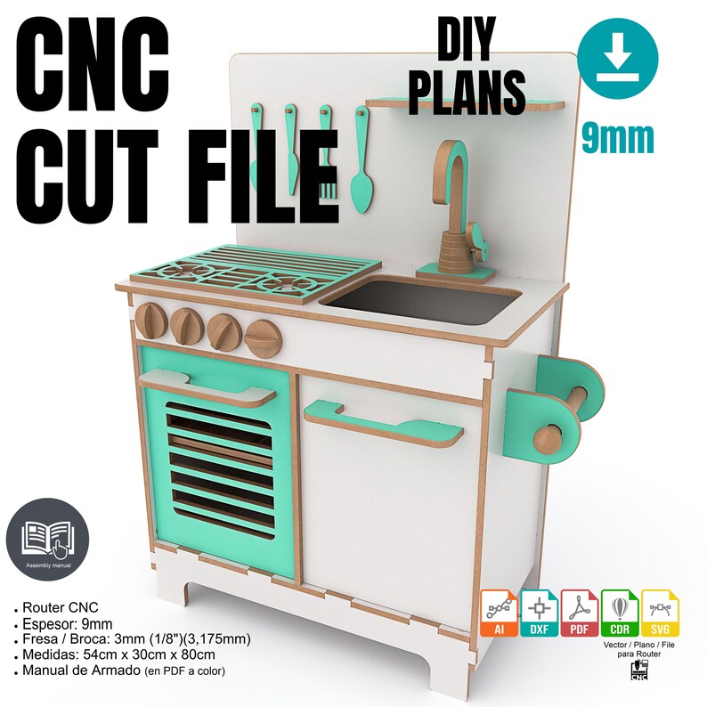 Children's Kitchen, Children's Toy, Dxf File for CNC Router, 9mm MDF, 5