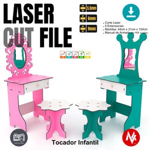 Tocador infantil, mesa de maquillaje, banquito. Proyectos DIY, mobiliario infantil, formatos dxf/pdf/svg dxf archivo para corte láser: