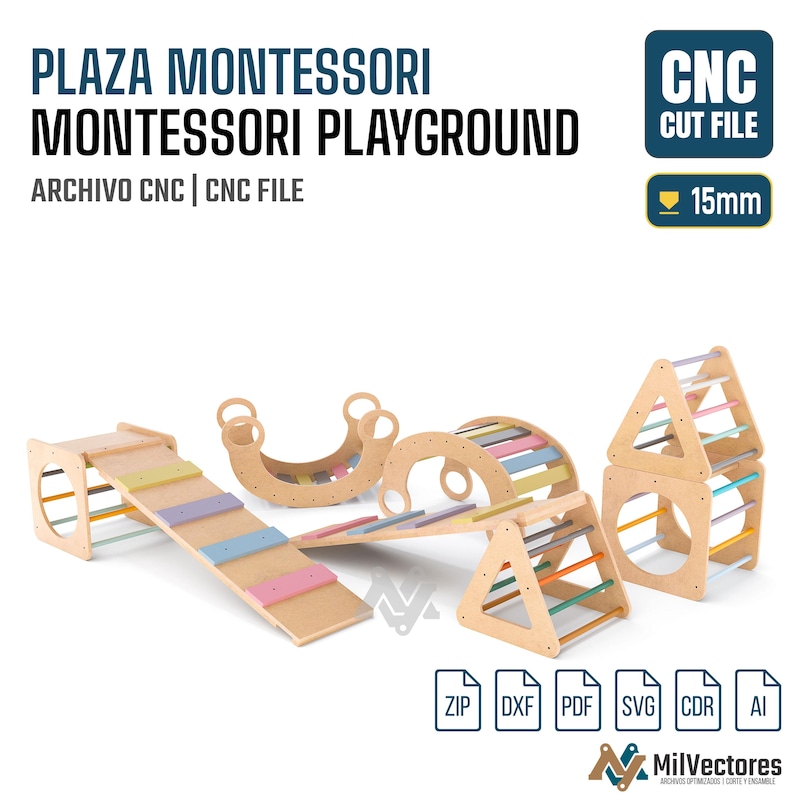 Pu&ograve; includere: Un set di file digitali per un parco giochi Montessori, con strutture per arrampicarsi in legno e pioli color pastello. L'immagine include etichette di testo come PLAZA MONTESSORI, CNC CUT FILE, 15mm e icone per i formati ZIP, DXF, PDF, SVG, CDR e AI.