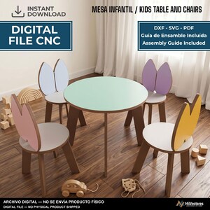 May include: A digital file for a round mint green table and four chairs with bunny-ear shaped backrests in light blue, purple, pink, and yellow. The text reads: INSTANT DOWNLOAD, DIGITAL FILE CNC, MESA INFANTIL / KIDS TABLE AND CHAIRS, DXF - SVG - PDF.