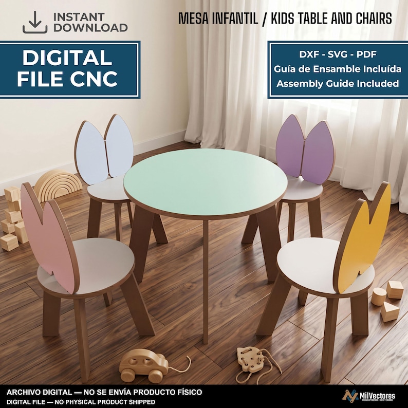 May include: A digital file for a round mint green table and four chairs with bunny-ear shaped backrests in light blue, purple, pink, and yellow. The text reads: INSTANT DOWNLOAD, DIGITAL FILE CNC, MESA INFANTIL / KIDS TABLE AND CHAIRS, DXF - SVG - PDF.
