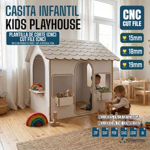 以下が含まれることがあります： 白い木製の子供用プレイハウス。上部に「CASITA INFANTIL KIDS PLAYHOUSE」の文字。画像には「CNC CUT FILE」と「INCLUDED IN THE DOWNLOAD」の文字が含まれています。 プレイハウスには、アーチ型のドア、窓、波型の屋根があります。 中には虹のおもちゃがあります。