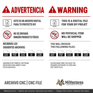 May include: A digital file notice with red warning symbols and text in English and Spanish. The notice states that no physical item will be shipped and lists file types: DXF, PDF, SVG, AI, and CDR. It also advises users to have the necessary software.