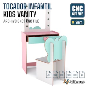 May include: A digital CNC cut file for a kids vanity set featuring a pink and light blue table with a mirror and a butterfly-shaped chair. The design includes a drawer with a heart-shaped handle, labeled for 9mm material thickness.