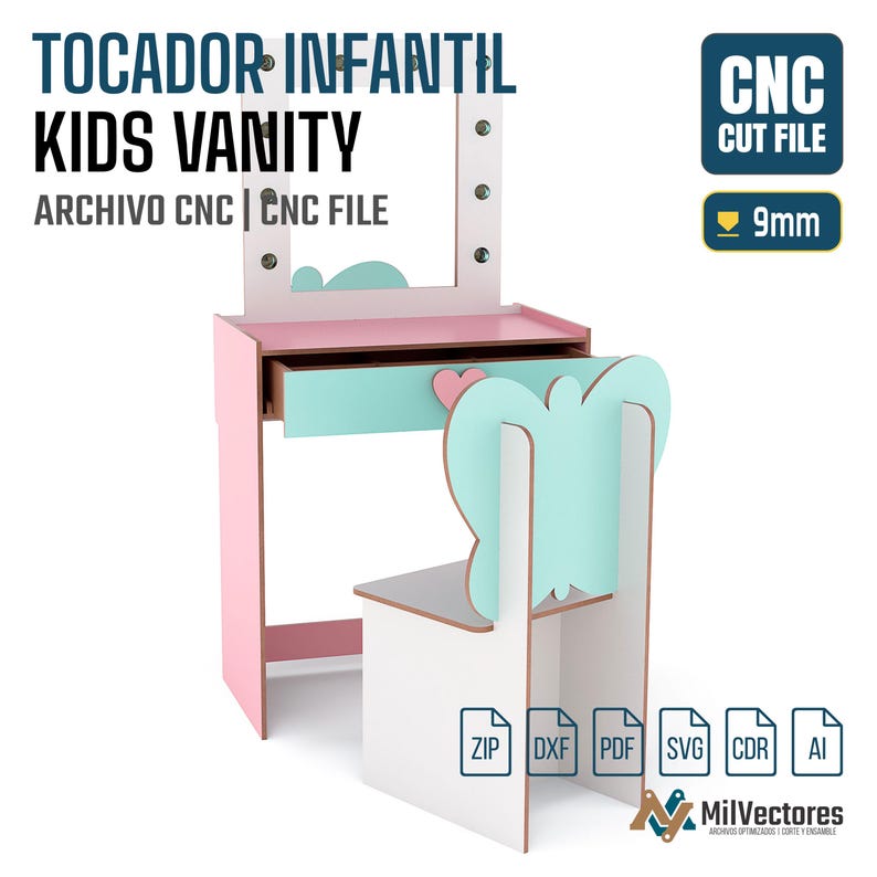 May include: A digital CNC cut file for a kids vanity set featuring a pink and light blue table with a mirror and a butterfly-shaped chair. The design includes a drawer with a heart-shaped handle, labeled for 9mm material thickness.