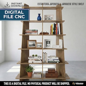 May include: A tall, wooden, multi-tiered shelving unit with a tapered frame. The shelves are filled with various items including books, framed photographs, a blue vase, a small potted green plant, and two stacked wooden boxes on the bottom shelf.