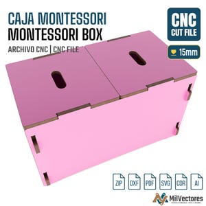 May include: A pink Montessori box with two top lids, each featuring a central oval handle cutout. The box is designed for 15mm material thickness. Text on the image includes CAJA MONTESSORI MONTESSORI BOX, CNC CUT FILE, and file formats ZIP, DXF, PDF, SVG, CDR, AI.