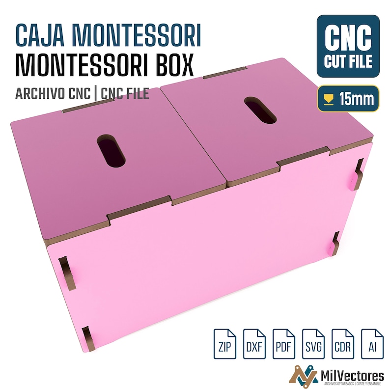 May include: A pink Montessori box with two top lids, each featuring a central oval handle cutout. The box is designed for 15mm material thickness. Text on the image includes CAJA MONTESSORI MONTESSORI BOX, CNC CUT FILE, and file formats ZIP, DXF, PDF, SVG, CDR, AI.