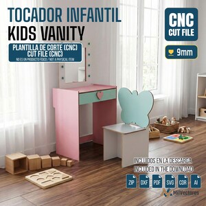 Puede incluir: Un tocador infantil rosa y verde menta con una silla a juego con forma de mariposa. El tocador tiene un espejo con luces y un cajón con un tirador en forma de corazón. El texto "KIDS VANITY" es visible.