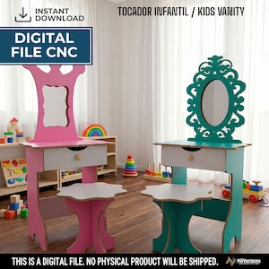 Op de afbeelding: Twee kinderkaptafels met krukjes, een roze en een blauwgroene, elk met een spiegel, een lade en een geschulpte zitting. De tekst luidt: INSTANT DOWNLOAD, DIGITAL FILE CNC, TOCADOR INFANTIL / KIDS VANITY, THIS IS A DIGITAL FILE.