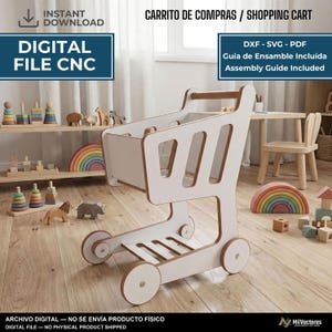Op de afbeelding: Een digitaal bestand voor een CNC-winkelwagentje met witte zijpanelen en een bruine handgreep. De afbeelding bevat de tekst: INSTANT DOWNLOAD, DIGITAL FILE CNC, CARRITO DE COMPRAS / SHOPPING CART, DXF - SVG - PDF, Guía de Ensamble Incluída, Assembly Guide Included.