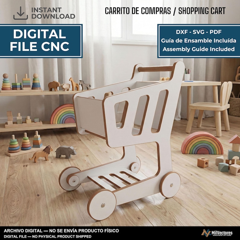 May include: A digital file for a CNC shopping cart featuring white side panels and a brown handle. The image includes text: INSTANT DOWNLOAD, DIGITAL FILE CNC, CARRITO DE COMPRAS / SHOPPING CART, DXF - SVG - PDF, Gu&iacute;a de Ensamble Inclu&iacute;da, Assembly Guide Included.