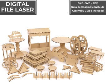 Può includere: Una collezione di elementi espositivi in legno tagliati al laser per un candy bar, tra cui un carretto, supporti a più livelli, una ruota panoramica, cassette e tavoli. Il set di file digitali include formati DXF, SVG e PDF con guida.