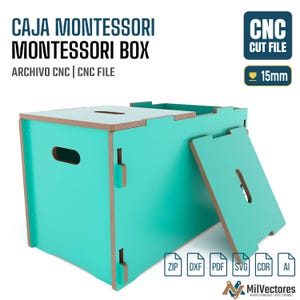 May include: A teal Montessori box CNC cut file with a 15mm thickness indicator. The digital product includes text reading CAJA MONTESSORI MONTESSORI BOX, ARCHIVO CNC, CNC FILE, and CNC CUT FILE, with file format icons for ZIP, DXF, PDF, SVG, CDR, and AI.