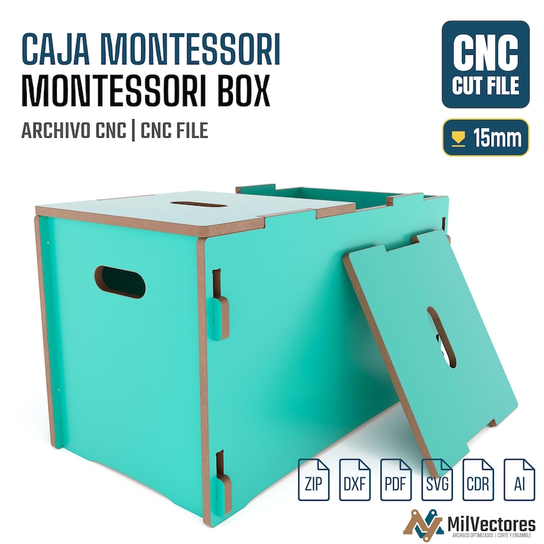 May include: A teal Montessori box CNC cut file with a 15mm thickness indicator. The digital product includes text reading CAJA MONTESSORI MONTESSORI BOX, ARCHIVO CNC, CNC FILE, and CNC CUT FILE, with file format icons for ZIP, DXF, PDF, SVG, CDR, and AI.