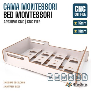 K&ouml;nnte beinhalten: Ein wei&szlig;er Montessori-Bettrahmen mit braunen Kanten, ausgestattet mit ausgeschnittenen Griffen und einem Lattenrost. Der Text umfasst CAMA MONTESSORI BED MONTESSORI, CNC CUT FILE, 16mm, 18mm, 2 MATTRESS SIZES sowie Dateiformate ZIP, DXF, PDF, SVG, CDR, AI.