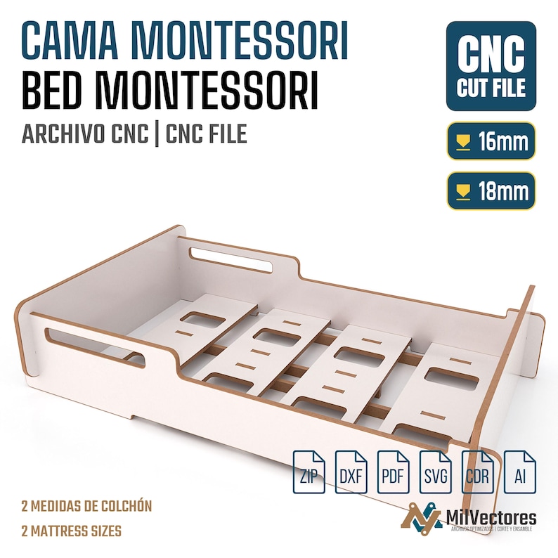 K&ouml;nnte beinhalten: Ein wei&szlig;er Montessori-Bettrahmen mit braunen Kanten, ausgestattet mit ausgeschnittenen Griffen und einem Lattenrost. Der Text umfasst CAMA MONTESSORI BED MONTESSORI, CNC CUT FILE, 16mm, 18mm, 2 MATTRESS SIZES sowie Dateiformate ZIP, DXF, PDF, SVG, CDR, AI.