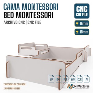 K&ouml;nnte beinhalten: Eine digitale CNC-Schnittdatei f&uuml;r ein Montessori-Bett, bestehend aus wei&szlig;en Paneelen mit braunen Kanten. Der Text umfasst CAMA MONTESSORI, BED MONTESSORI, CNC CUT FILE, 16mm, 18mm, 2 MATTRESS SIZES sowie die Dateiformate ZIP, DXF, PDF, SVG, CDR, AI und das MilVectores-Logo.