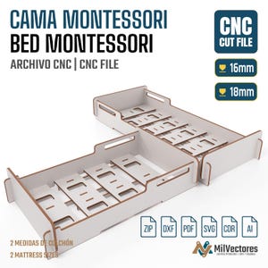 K&ouml;nnte beinhalten: Eine digitale CNC-Schnittdatei f&uuml;r ein Montessori-Bett, bestehend aus zwei hellen Holz-Bettrahmen mit Lattenrosten. Das Bild enth&auml;lt den Text: CAMA MONTESSORI BED MONTESSORI, CNC CUT FILE, 16mm, 18mm, 2 MATTRESS SIZES sowie die Dateiformate ZIP, DXF, PDF, SVG, CDR, AI.
